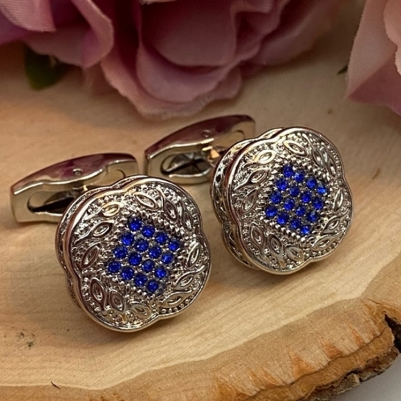 Other - ! NWT Men's Elegant Blue and Silver Crystal Square Cufflinks !